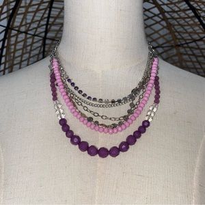 6 Strands Pink Purple Silver Round Beads Women’s Jewelery Necklace